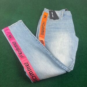 HOMME + FEMME Distressed Light Wash Denim Jeans Orange Pink Stripe Logo 40 x 31